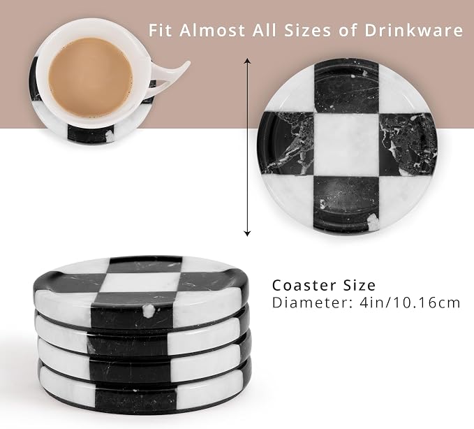 Marble Coasters Set of 4, Zebra Black & White Handmade 4 inch Round Checkered Stone Coaster, Drink Coaster Plates for Living Room, Trendy Office Desk Accessories & Home Décor