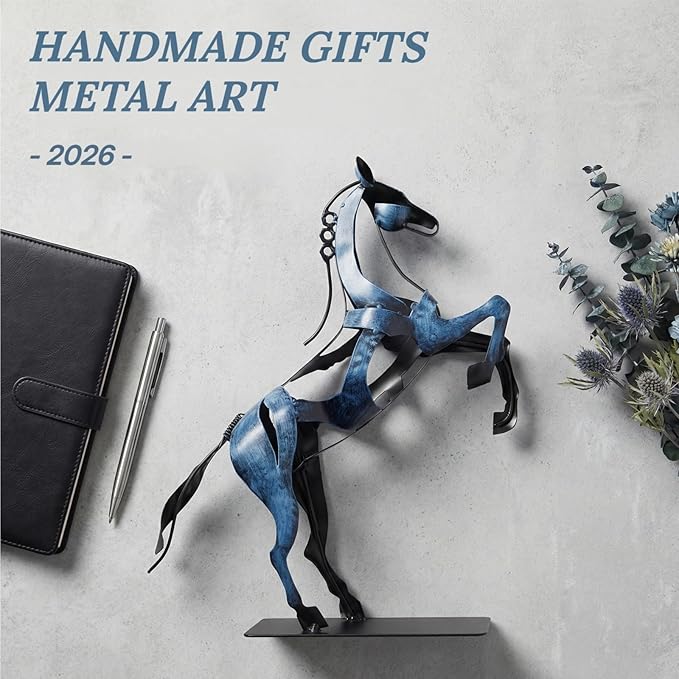 SunBlogs Art Metal Horse Statue Décor, Handmade & Hand-Painted Modern Western Horse Decoration, Rustic Iron Sculpture Gifts for Home Office for Horse Lovers (Blue)