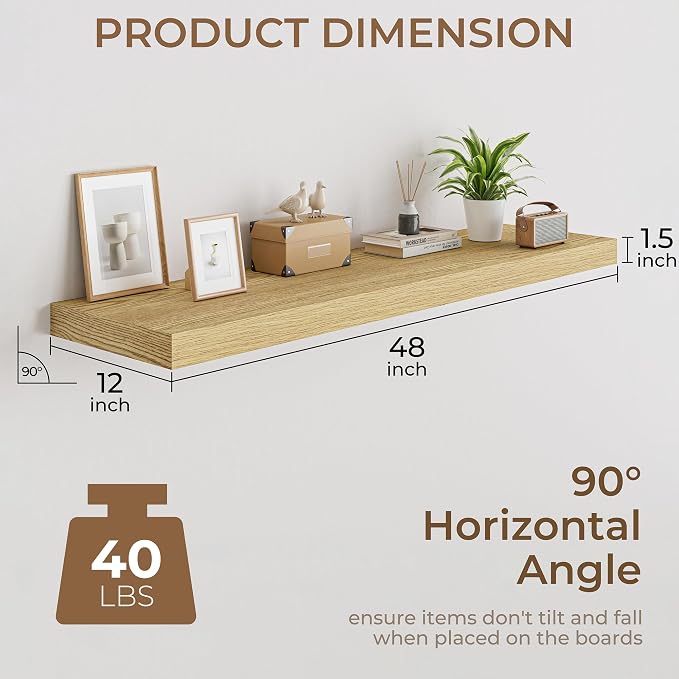 RICHFOCUS 48 Inch 12" D Floating Shelves for Wall 2 Pack Long Wall Shelves for Room Wall|Large Wood Hanging Shelf with Invisible Brackets for Bathroom Bedroom Kitchen Laundry Room, Oak