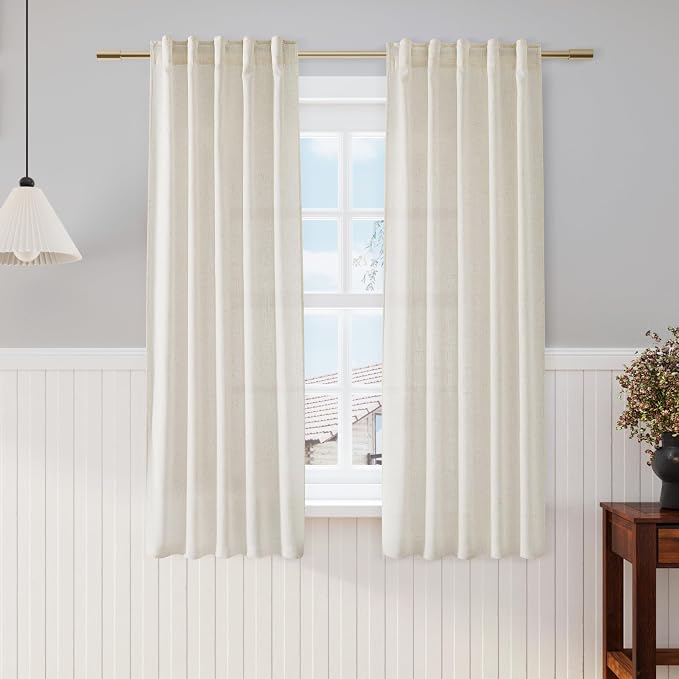Cream Kitchen Linen Textured Curtains 63 Inch Length 2 Panels Back Tab Pocket Semi Sheer Light Filtering Backtab Shade for Window Cafe Curtain Neutral Boho Solid Drapes for Bedroom Bathroom 36Wx63L