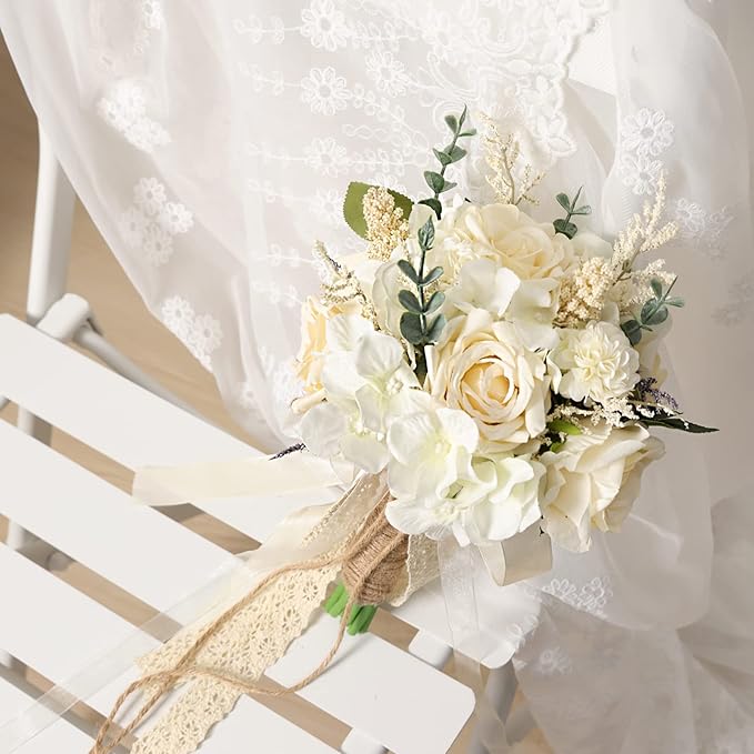 CEWOR Wedding Bouquets for Bride Bridesmaid, White Champagne Artificial Roses Flowers Wedding Decoration (7.5in)
