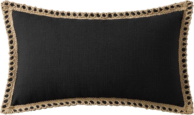 Phantoscope Pack of 2 Farmhouse Decorative Solid Pillow Cover Burlap Linen Trimmed Tailored Edges, Black, 12 x 20 inches, 30 x 50 cm