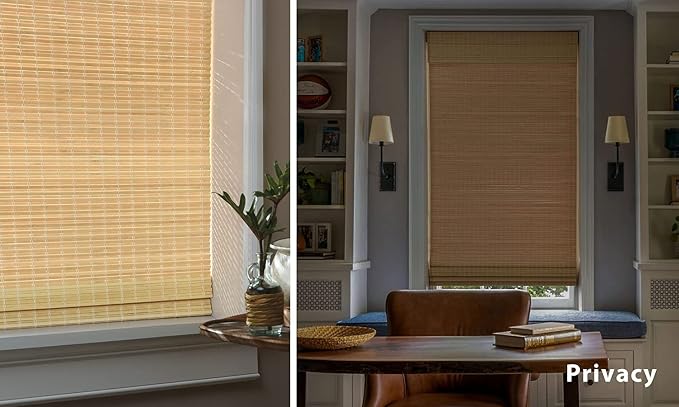 LazBlinds No Tools No Drill Cordless Bamboo Roman Shades, Privacy Window Treatment, Roll Up Bamboo Blinds for Windows 46.5'' W x 64'' H, Natural