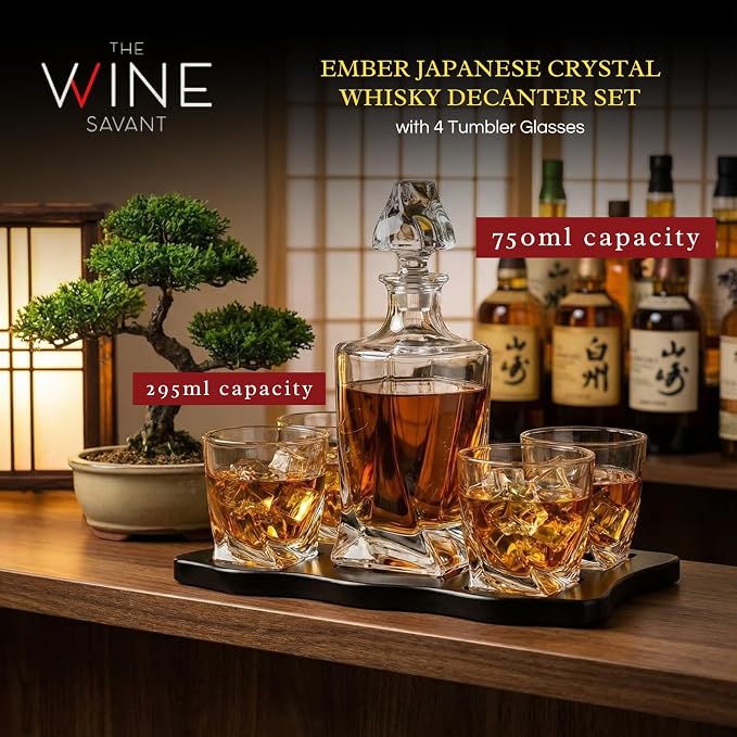 Ember Japanese Crystal Whisky Decanter Set with 4 Tumbler Glasses, Lead-Free Liquor Carafe & 10oz Rocks Glasses - Scotch Bourbon, Spirits & Wood Base Elegant Barware Gift for Men, Japan Design Gifts