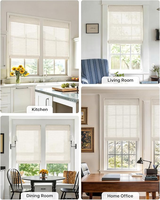 LazBlinds No Drill Cordless Bamboo Roman Shades, Light Filtering Blinds for Indoor Windows, Roll Up Bamboo Blinds for Home, 27" W x 64" H, Star-Off White