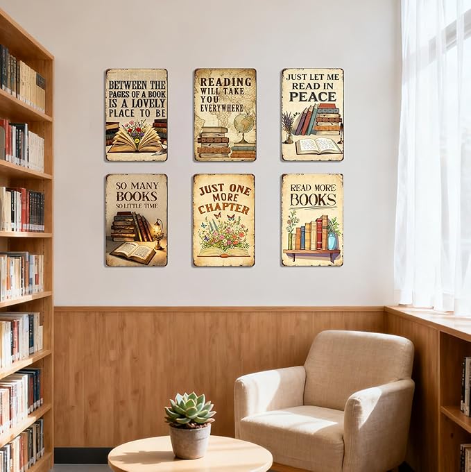 Vintage Classroom Decor 6pcs Reading Book Posters Metal Signs - Library Wall Art Reading Corner Decor for Dorm, Book Shop, Middle & High School Classroom Decorations Sign 8x12 Inch