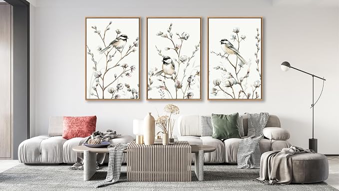 Large Bird Wall Art for Living Room Natural Wood Float Framed Art Set of 3 Tropical Plant Pictures Boho Artwork White Flowers Canvas Prints for Bedroom Kitchen Home Office Wall Decor 20"X28"X3