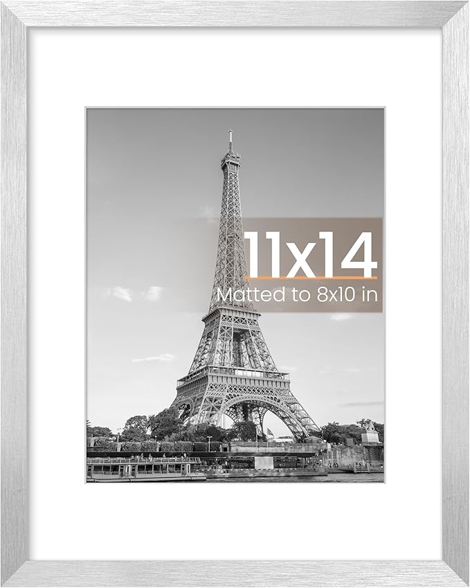 upsimples 11x14 Picture Frame, Display Pictures 8x10 with Mat or 11 x 14 Without, Wall Hanging Photo Frames, Silver, 1 Pack