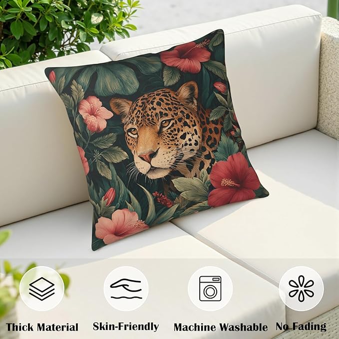 Tropical Flowers Leopard Pillow Covers Palm Monstera Leaves and Hibiscus Floral Throw Pillow Covers 18x18 Summer Hawaiian Jungle Cheetah Pillow Cases for Home Farmhouse 2 Pack