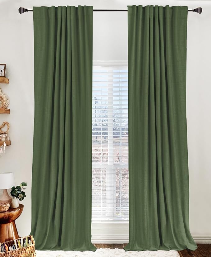100% Blackout Shield Linen Blackout Curtains for Bedroom 96 Inches Long, Back Tab/Rod Pocket Living Room Drapes, Thermal Insulated Blackout Curtains 2 Panels Set, 50" W x 96" L, Moss Green