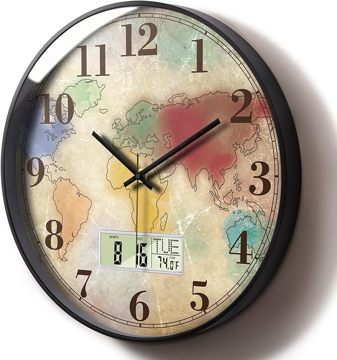 12 Inch Vintage Colorful World Map Wall Clock, Silent Non-Ticking Battery Operated Analog Clock with LCD Calendar & Temperature Display, Retro Modern Wall Clock for Home Office, Bar, Man Cave Decor