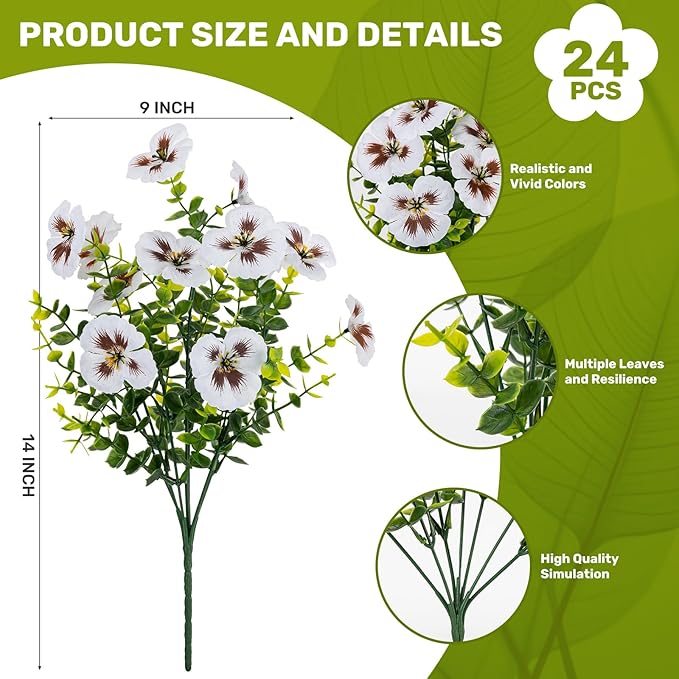 24 Pcs Artificial Fake Pansy Flowers for Outdoor,Faux Silk Plants Flowers UV Resistant Pansies Spring Flowers for Planter Front Door Porch Yard Patio Garden Window Box Home Decor(White)