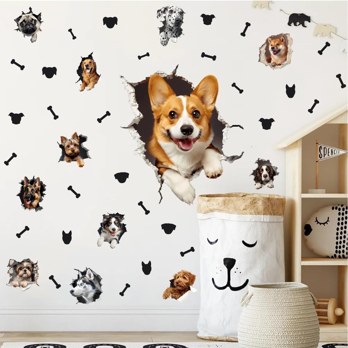 Large 3D Dogs Wall Stickers,Lovely Pet Dog with Bone Vinyl Wall Decals, Removable Dog Crack Hole Wall Art for Dogs Lover Bedroom Playroom Pet Shop Decor