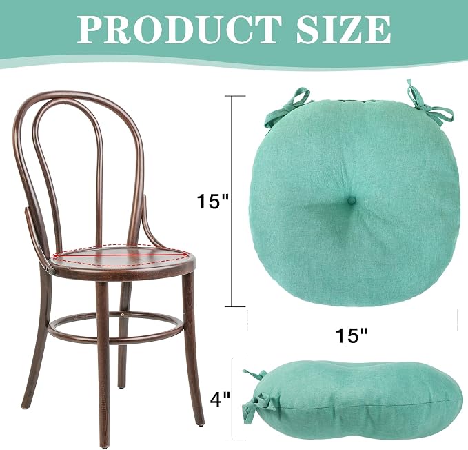 Green Bistro Chair Cushions Set of 2, Round Seat Chair Pads with Ties for Dining Room Patio