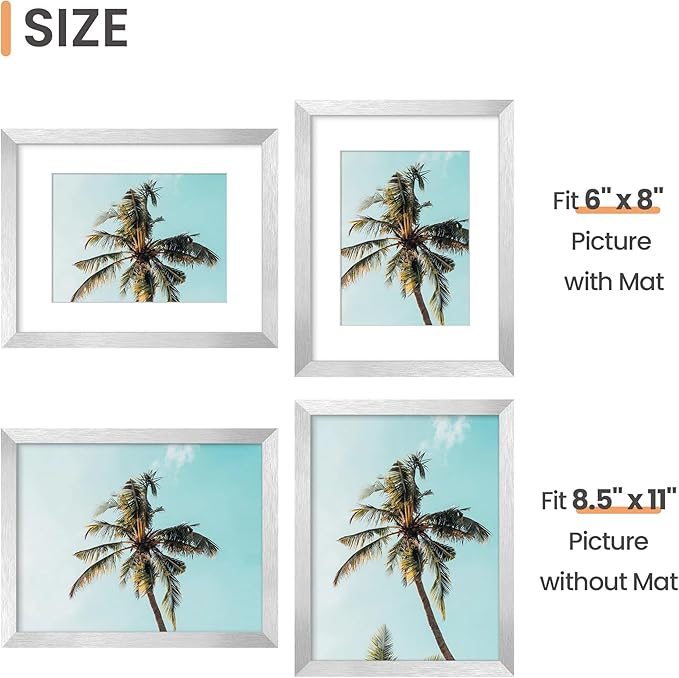 upsimples 8.5 By 11 Picture Frame, Display Pictures 6x8 with Mat or 8.5 x 11 Without, Wall Hanging Photo Frames, Silver, 1 Pack