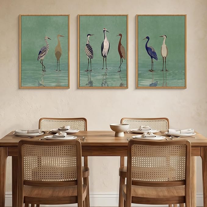 Large Vintage Birds Heron Framed Canvas Wall Art,Green Lake Wildlife Wall Decor,Minimalist Animals Art Prints,Natural Coastal Landscape Artwork for Living Room,Bedroom,Farmhouse- 24''x36''x3