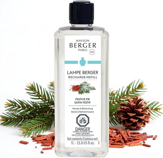 Maison Berger Festive Fir Lampe Berger Refill, 1 Liter (33.8 fl oz), 2-in-1 Catalytic System, Neutralizes Odors and Diffuses Fragrance, Pine Needles, Green Notes, Clean Notes, Pine, Made in France