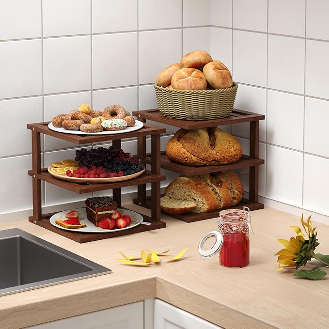 4 Pack Bamboo Corner Shelf,3 Tier Kitchen Cabinet Organizer for Plates and Dishes,Pantry Storage and Spice Rack（Brown）