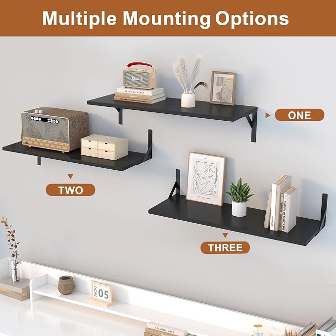 Large Wall Shelves, 31.5" W x 12" D Long Floating Shelves Set of 2, Wide Display Wood Shelf Wall Mounted with Heavy-Duty Metal Brackets for Bedroom Books, Living Room, Kitchen, Black