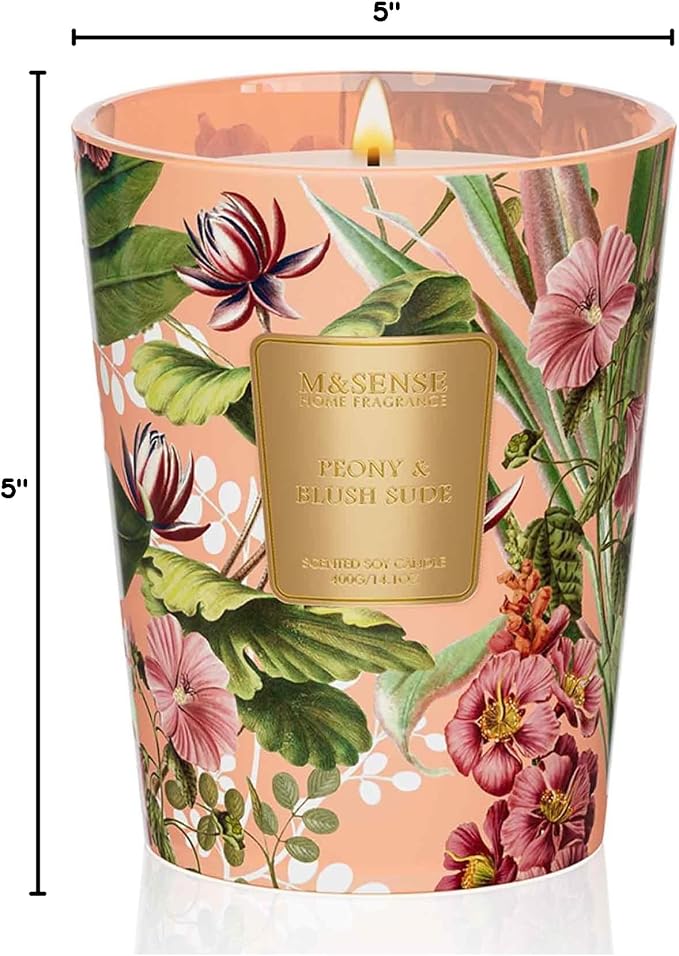 M&SENSE Peony Blush Suede Soy Candle, 14.1oz, Romantic Gift for Women | 60H Slow Burn, Non-Toxic, Date Night Romance, Bedroom, Stress Relief, Relaxation, Luxury Candles Gift