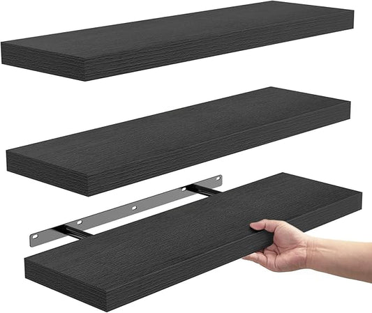 BAYKA Floating Shelves for Wall, Wall Mounted Rustic Wood Shelves for Bathroom, Bedroom, Living Room, Kitchen, Hanging Shelf for Books/Storage/Room Decor with 22lbs Capacity (Black, Set of 3, 15.7in)