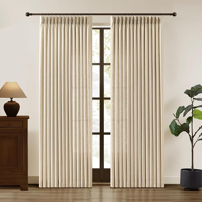 Pinch Pleated Linen Curtains 84 Inches Long for Living Room, Sand Beige Light Filtering Pleat Drapes Textured Thick Memory Trained Semi-Sheer Window Curtain with Hooks for Bedroom Farmhouse, 2 Panels