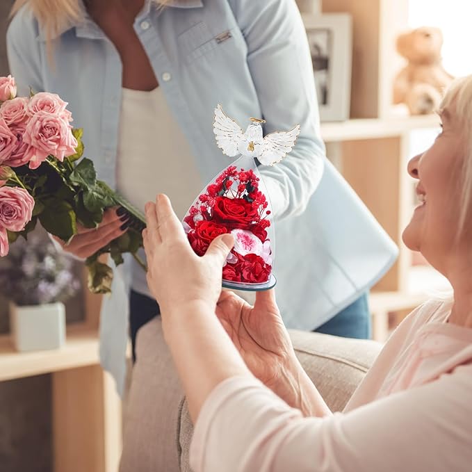 FIACO Gifts for Women Preserved Rose Forever Flower in Glass Angel Figurine Fresh Flowers for Delivery Mothers Day Birthday Gifts for Mom Grandma Wife Sister Red