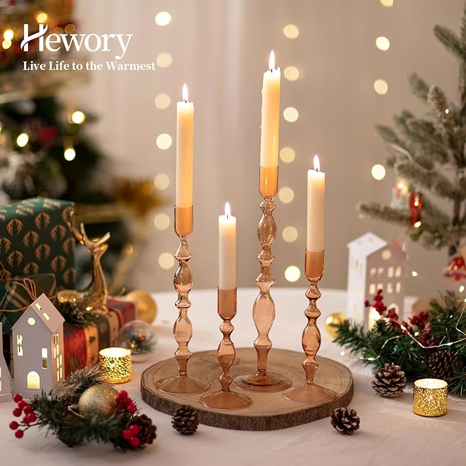 Hewory Glass Candle Holder Set: 4PCS Amber Glass Candlestick Holders Vintage Taper Candle Holders for Candlesticks, Unique Candle Sticks Holder Decor for Table Dinner Festival Events Decorations