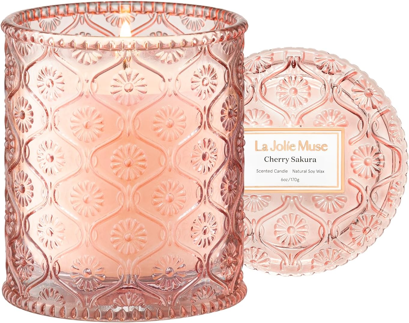 LA JOLIE MUSE Cherry Sakura Candle - Cherry Blossom, Rose, Sandalwood | 6 oz Natural Soy Wax | 40 Hours Clean Burn | Floral Scented Candle | Gift-Ready for Hosts & Gatherings