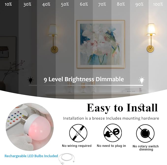 Pathson Rechargeable Battery Operated Wall Sconces Set of 2, Wireless Dimmable Wall Vanity Lights, Linen Fabric Shades, Remote Control Wall Lighting for Bedroom Living Room Includes Bulbs