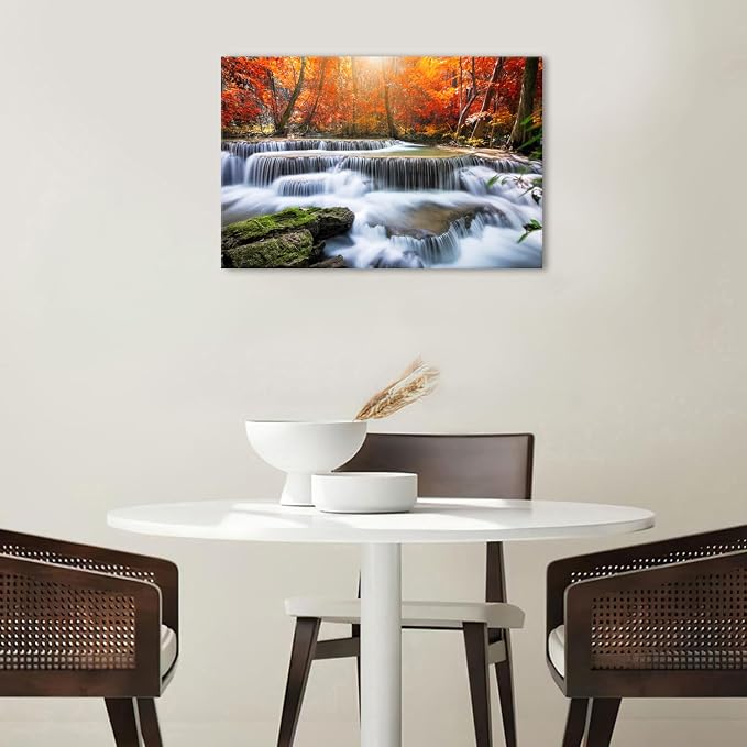 Fall Nature Sunset Wall Art Living Room Waterfall Mountains Picture Bedroom Bathroom Decor Autumn Maple Trees Scenery Canvas Prints Vintage Photography Artwork Modern Home Bathroom Decorations 16x24"
