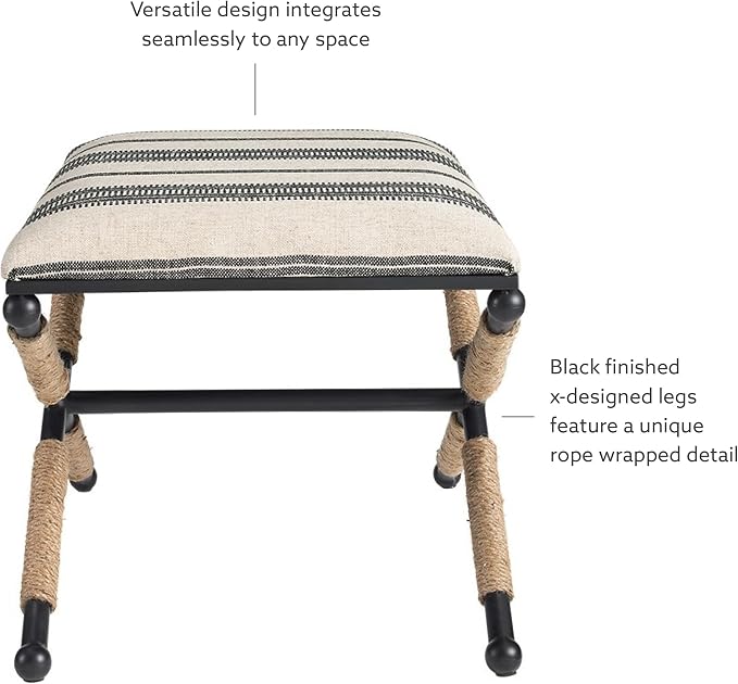Linon Farrow Black Metal and Natural and Black Stripe Upholstered Campaign Ottoman