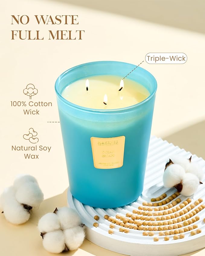 M&SENSE Ocean Escape Soy Candle, 35oz 3-Wick, Summer Beach Vacation Scent | 150H Slow Burn, Non-Toxic, Large Jar, Coastal Calm Summer Bathtub Stress Relief Scent, Relaxing Home Fragrance