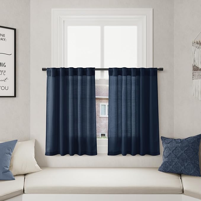 Denim Blue Kitchen Tier Curtains 24 Inch Length Linen Blend Privacy French Country Light Filtering Short Curtain with Rod Pocket Back Tab for Over Sink Window Bathroom Laundry 2 Panels 30Wx24L