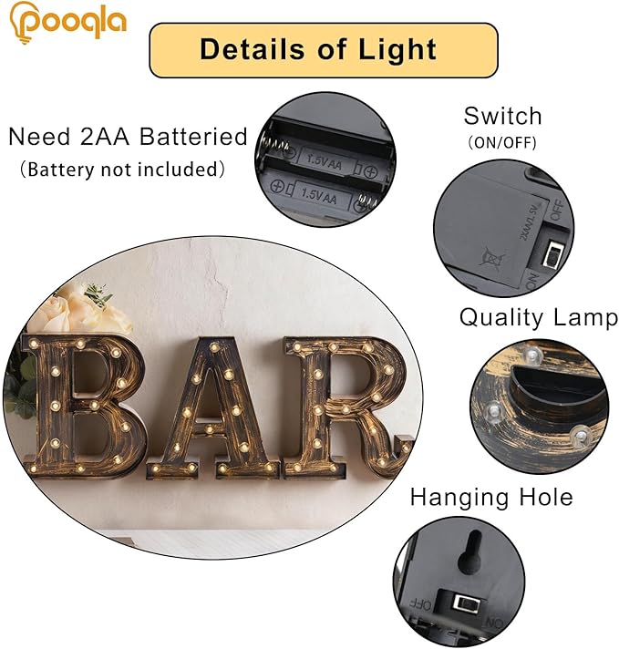 Pooqla BAR - Illuminated Marquee Bar Sign for home decor - Light up LED Marquee Word Sign - Pre-Lit Pub Light Battery Operated (23.03-in x 8.66-in) (Vintage)
