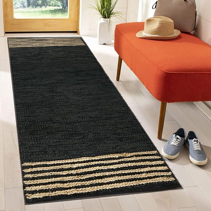 GRUHUM Jute Runner Rug 2'6"x10' ft Black Leather Natural Jute Rug 2.5x10 ft | Handwoven Boho Braided Soft Rustic Vintage Ecofriendly Indoor Rugs for Kitchen Farmhouse Bedroom Hallways Entryways
