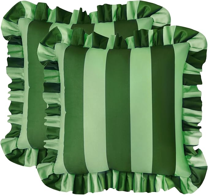 MONDAY MOOSE Decorative Throw Pillow Covers, Set of 2 Water-Resistant Striped Design with Ruffle Edge for Outdoor/Indoor Use, Pillow Inserts Not Included (18x18 inch, Green/Light Green)