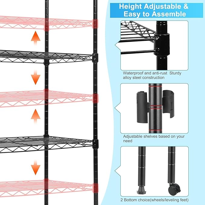 Simple Deluxe 4-Tier Heavy Duty Adjustable Storage Shelf with Wheels, 23.23”W x 17.63”D x 47.24”H, Wide Mobile Metal Shelving Unit, Easy Assembly for Living Room, Office,Black