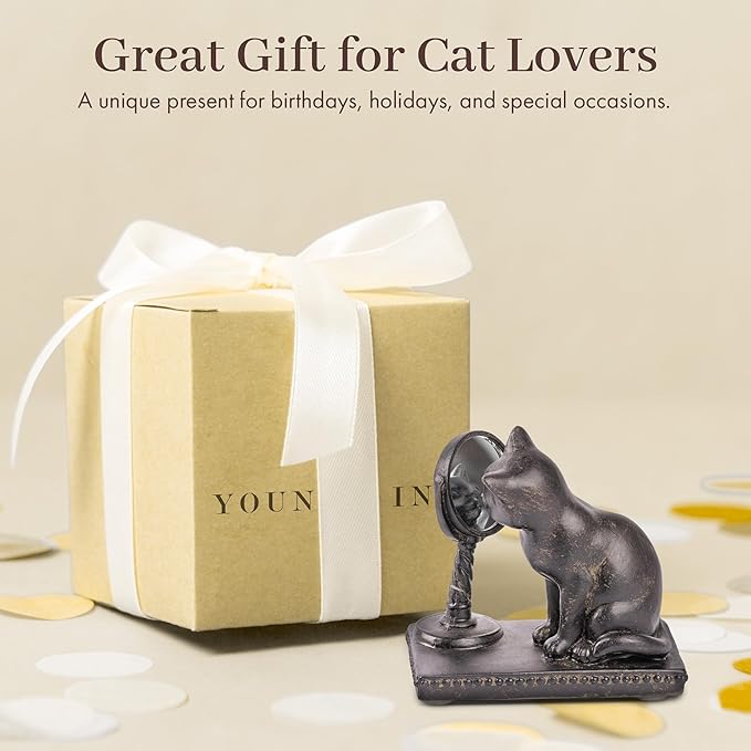 Young's Inc. Cat Figurine - Cute Cat Statue - Whimsical Cat Decor for Cat Lovers - Cat Collectibles and Meditation Decor - Cat with Mirror - 4'' L X 2'' W X 4'' H