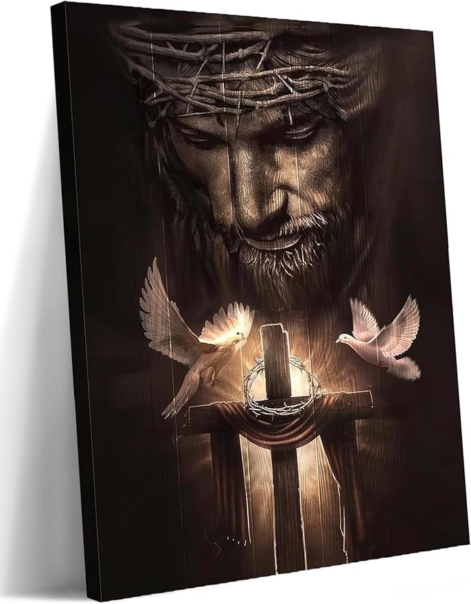 Eysintum Christian Framed Canvas Wall Art Jesus Christ Crown of Thorns Cross with Holy Spirit Doves Religious Home Decor for Church Prayer Room Living Room Office Ready to Hang 12x16in