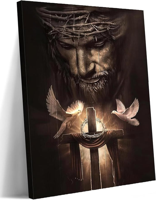 Eysintum Christian Framed Canvas Wall Art Jesus Christ Crown of Thorns Cross with Holy Spirit Doves Religious Home Decor for Church Prayer Room Living Room Office Ready to Hang 12x16in