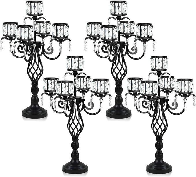 23.2 inch Tall Elegant and Chic 5 Arm Pendant Crystal Candlestick Holder Table Decoration tealight Candle Holder, Candelabra for Gorgeous Wedding/Parties Table Centerpiece (4, Black)