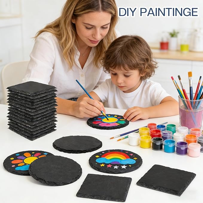 6 Pieces Slate Coasters, Diameter Size 4 inch Black Coasters Stone Coaster Set, Perfect for use in Your Home, Office, Kitchen,bar,Christmas or Anywhere.（3 Square Pieces+3 Round Pieces）