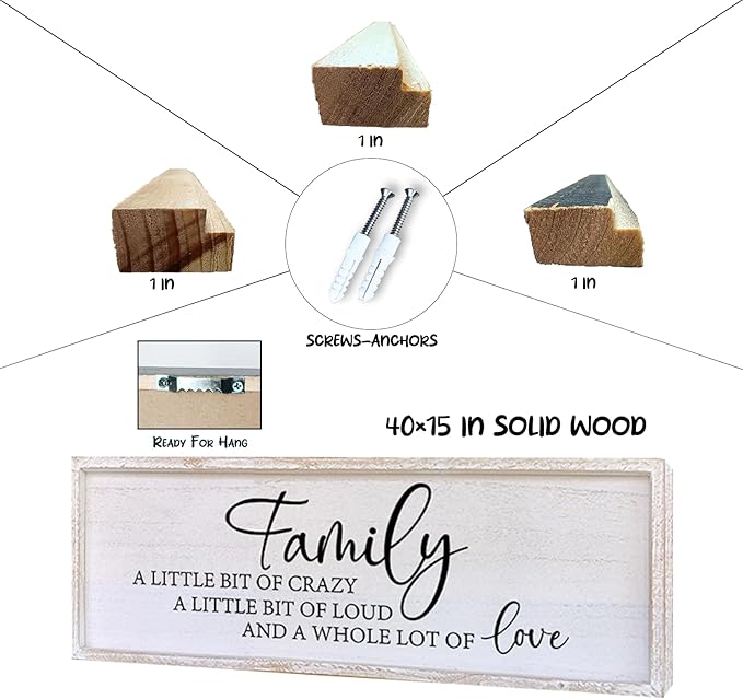 Family A Little Bit Of Crazy Sign Wall Decor 40"×15" Rustic Farmhouse Living Room Large Soild Wood Framed Hallway Hanging Sign Aesthetic Inspirational Quotes Entryway Home Wall Art (White)