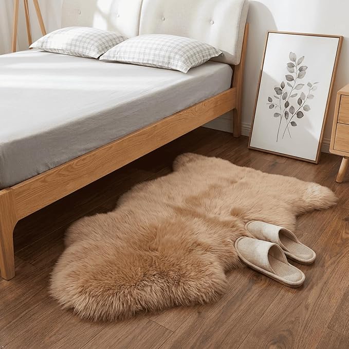 AOGELAN Shaggy Fur Area Rug, Genuine New Zealand Sheepskin Rug, Soft Fur Prayer Pup Carpet Mat, Single Pelt 2ft x 3ft Light Brown