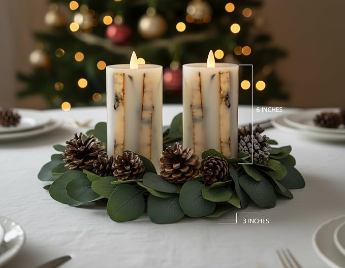 Brown Bark Flameless Pillar Candles Flickering with Remote Timer, Battery Operated LED 3D Moving Flame Real Wax Candles, Set of 2, D3 x H6,Remote Included (Cinnamon)