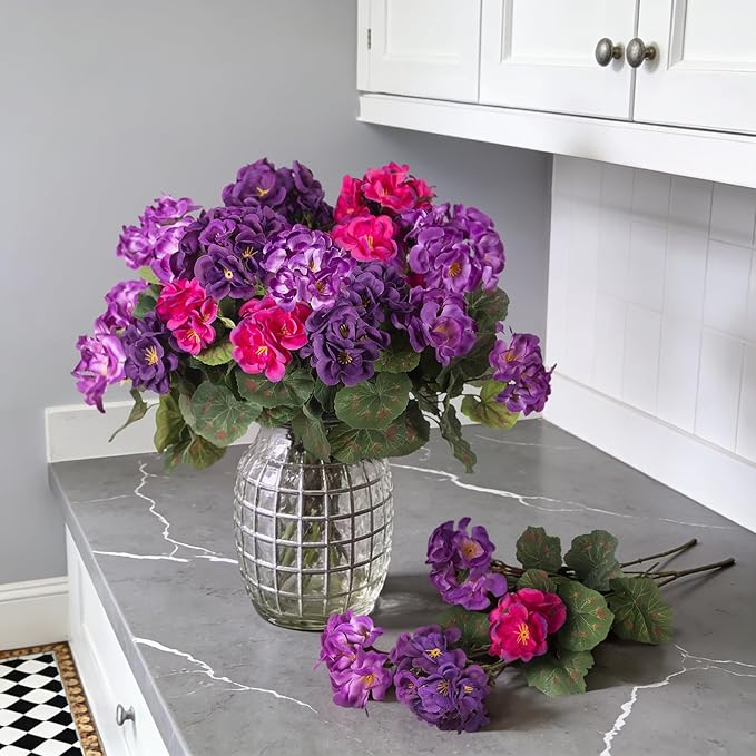 Ammyoo Artificial Geranium Flowers for Outdoors Decoration, Fake Silk Geraniums Flower UV Resistant Look Real Faux Plants for Spring Garden Porch Planter Patio Balcony Yard Table Centerpieces Decor