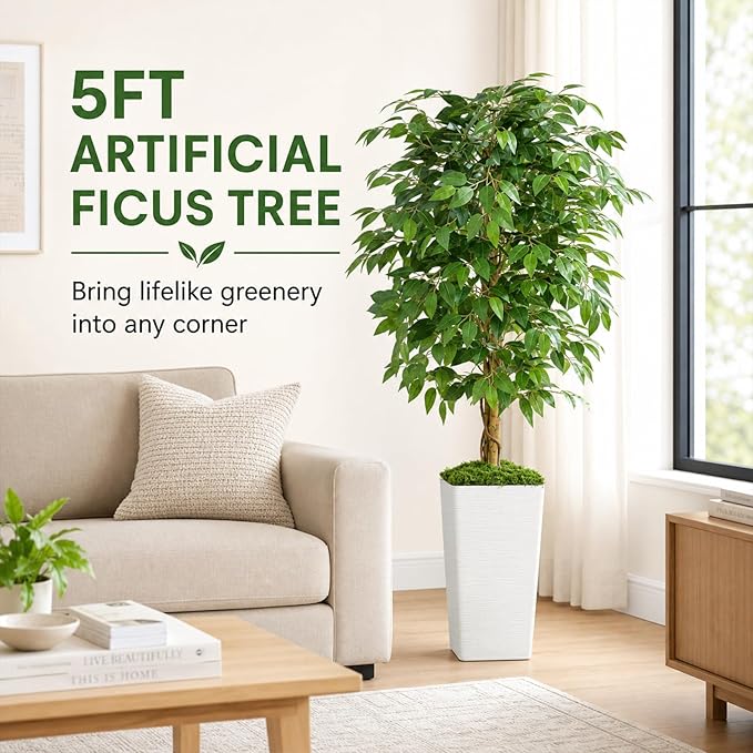 5FT Artificial Ficus Tree, 60 Inch Realistic Faux Silk Ficus Floor Plant with White Planter & Moss, Tall Fake Potted Tree for Indoor Home Office Living Room Corner Decor