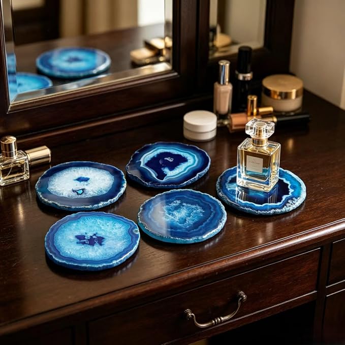 Natural Agate Coaster for Drinks Geode Stone Coasters Teal Irregular 4Pcs Dyed Agate Sliced Cup Mat 3-4'' DIY Decorative Paintings Ornaments Housewarming Gift