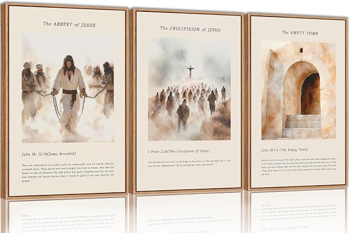 SIKERIC Christian Bible Verse Framed Canvas Wall Art Set, The Arrest of Jesus, The Crucifixion, Empty Tomb Wall Decor, Vintage Jesus Religious Art Print for Living Room, Church, Prayer Room-16"x24"x3